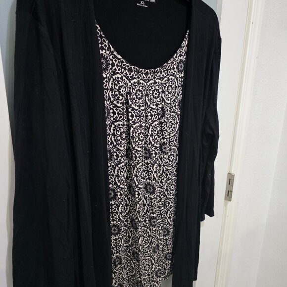 Croft & Barrow Womens XL 2-in-1 Layered Blouse Cardigan Black White Print Top - Picture 3 of 9